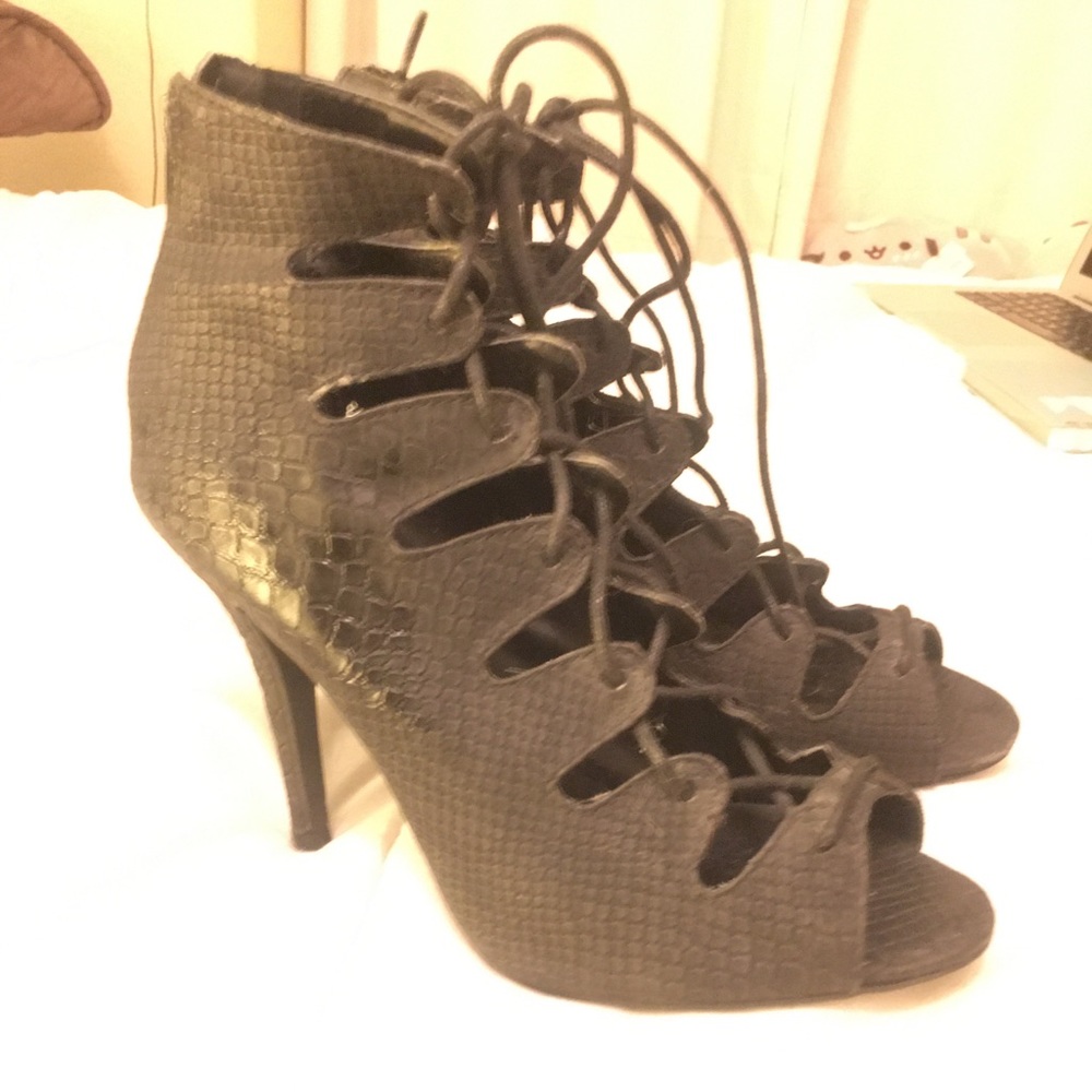 Black Lace-up Faux Snake Skin Heels